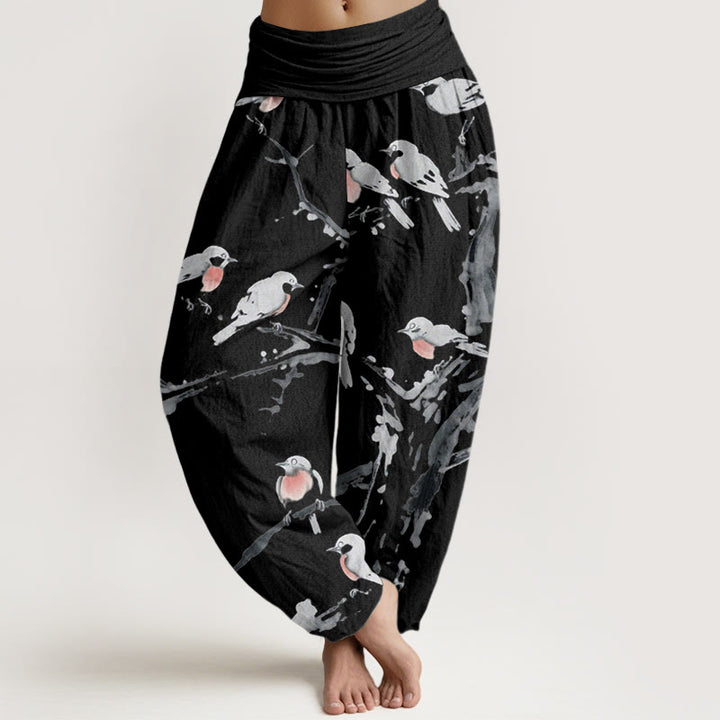 Pantalon sarouel décontracté à taille élastique pour femme, motif branches d'oiseaux et Buddha Stones - Noir - US22，UK/AU26，EU54 (6XL) - image 1