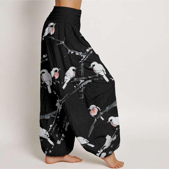 Pantalon sarouel décontracté à taille élastique pour femme, motif branches d'oiseaux et Buddha Stones - image 3