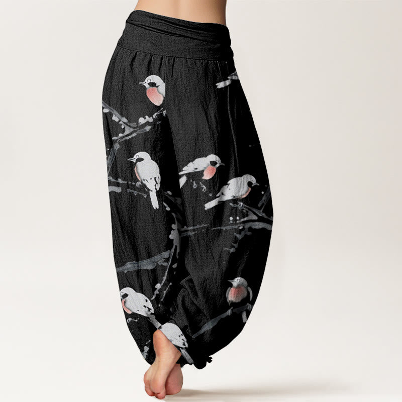 Pantalon sarouel décontracté à taille élastique pour femme, motif branches d'oiseaux et Buddha Stones - image 2