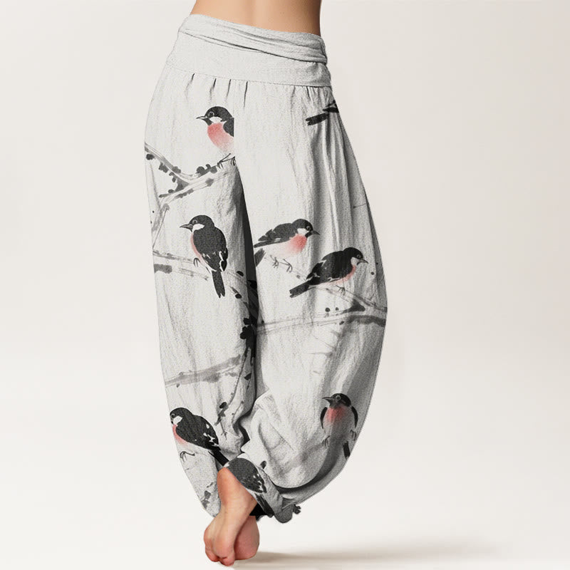 Pantalon sarouel décontracté à taille élastique pour femme, motif branches d'oiseaux et Buddha Stones - image 9