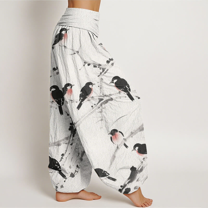 Pantalon sarouel décontracté à taille élastique pour femme, motif branches d'oiseaux et Buddha Stones - image 10