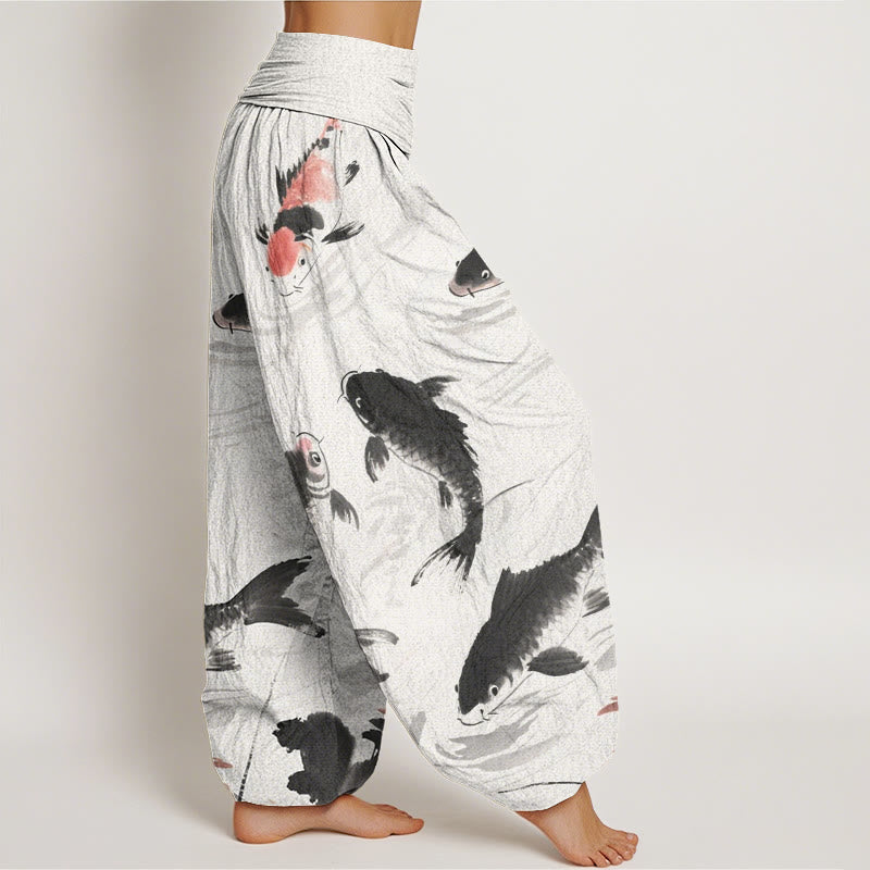 Pantalon sarouel décontracté à taille élastique pour femme avec motif de poisson koï et Buddha Stones - image 3