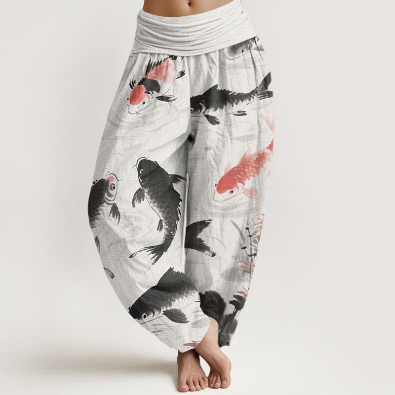 Pantalon sarouel décontracté à taille élastique pour femme avec motif de poisson koï et Buddha Stones - GhostWhite - US22，UK/AU26，EU54 (6XL) - image 1