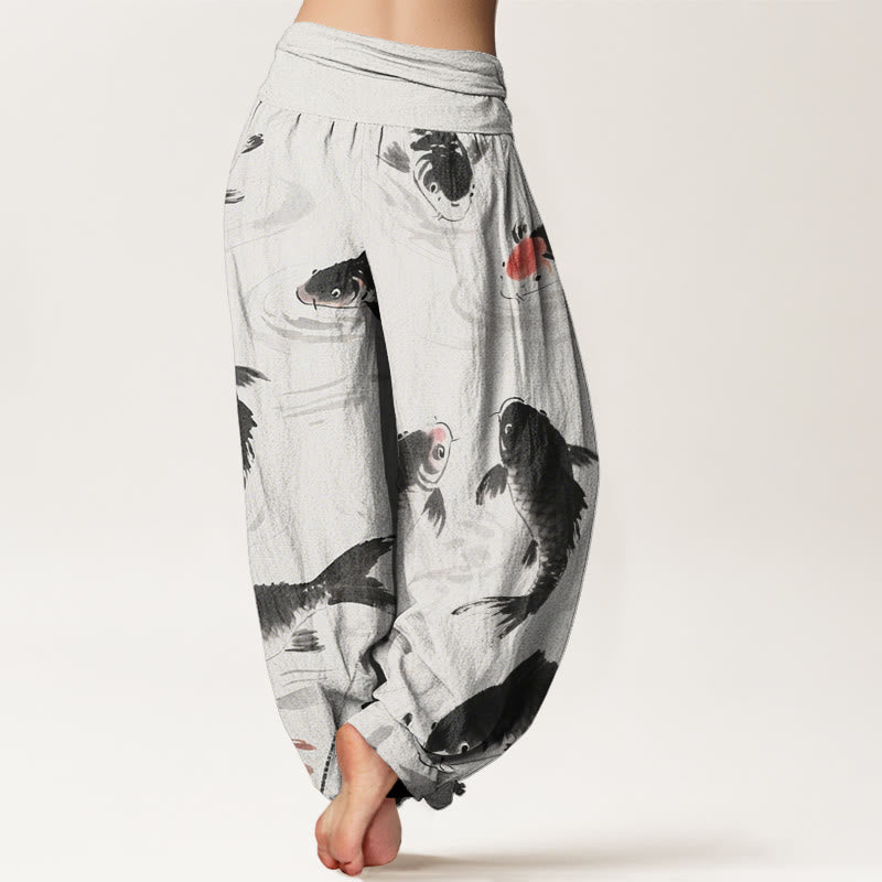 Pantalon sarouel décontracté à taille élastique pour femme avec motif de poisson koï et Buddha Stones - image 2