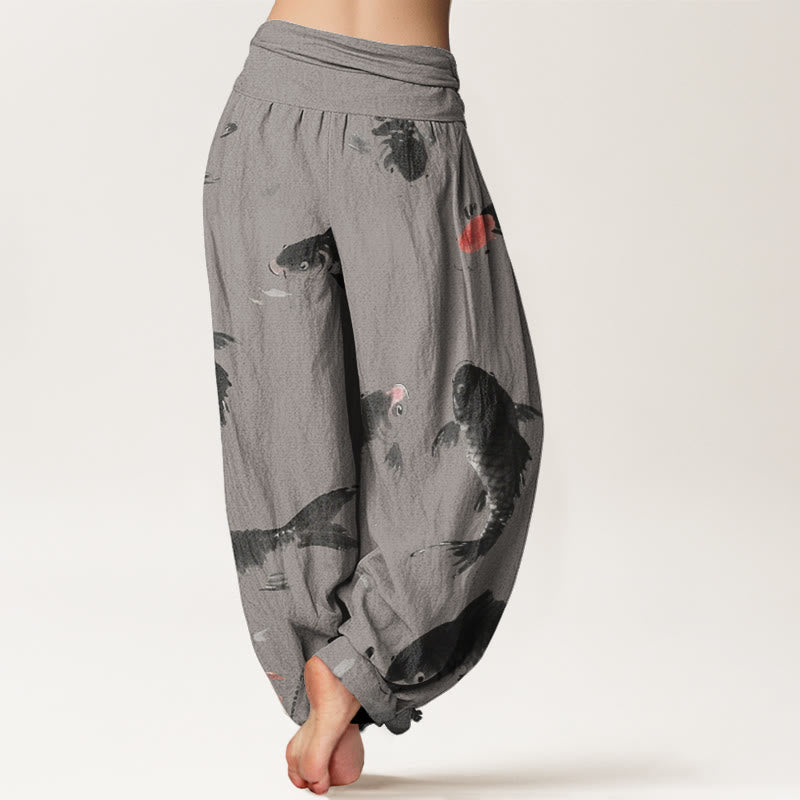 Pantalon sarouel décontracté à taille élastique pour femme avec motif de poisson koï et Buddha Stones - image 6