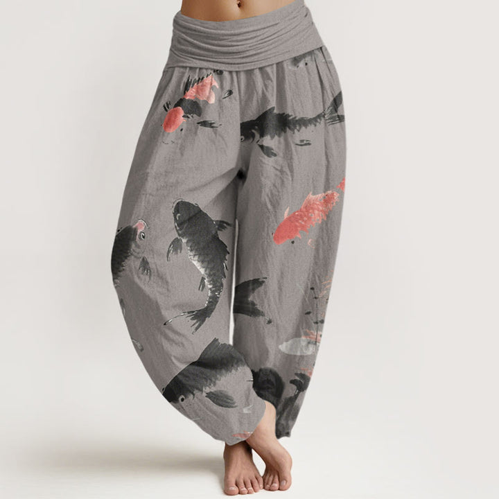 Pantalon sarouel décontracté à taille élastique pour femme avec motif de poisson koï et Buddha Stones - DimGray - US22，UK/AU26，EU54 (6XL) - image 5