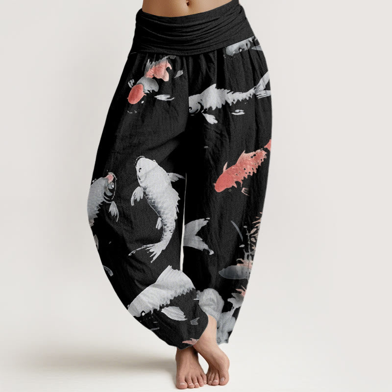 Pantalon sarouel décontracté à taille élastique pour femme avec motif de poisson koï et Buddha Stones - Noir - US22，UK/AU26，EU54 (6XL) - image 8