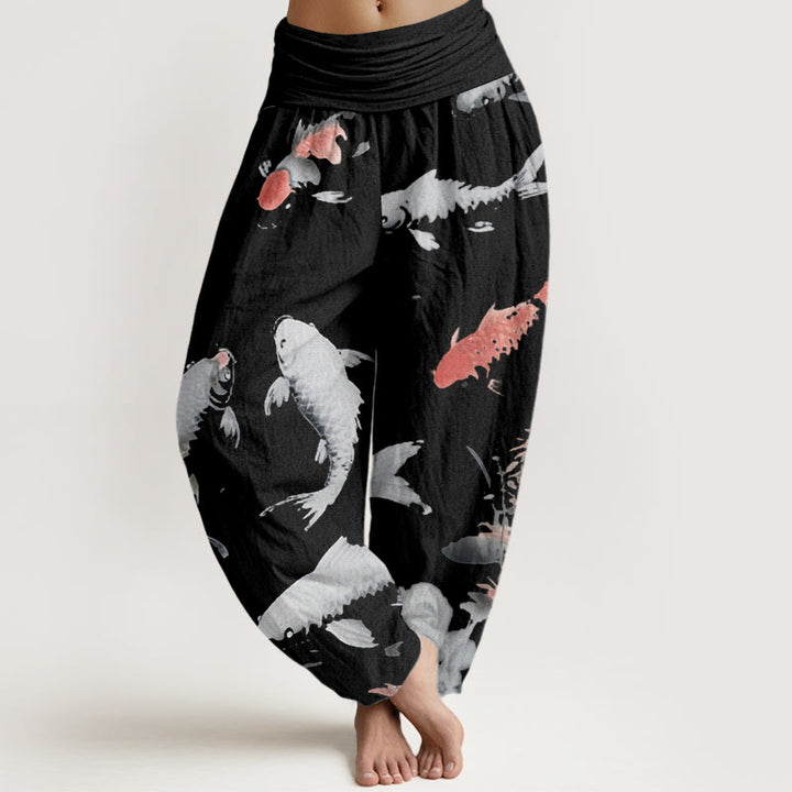 Pantalon sarouel décontracté à taille élastique pour femme avec motif de poisson koï et Buddha Stones - Noir - US22，UK/AU26，EU54 (6XL) - image 8