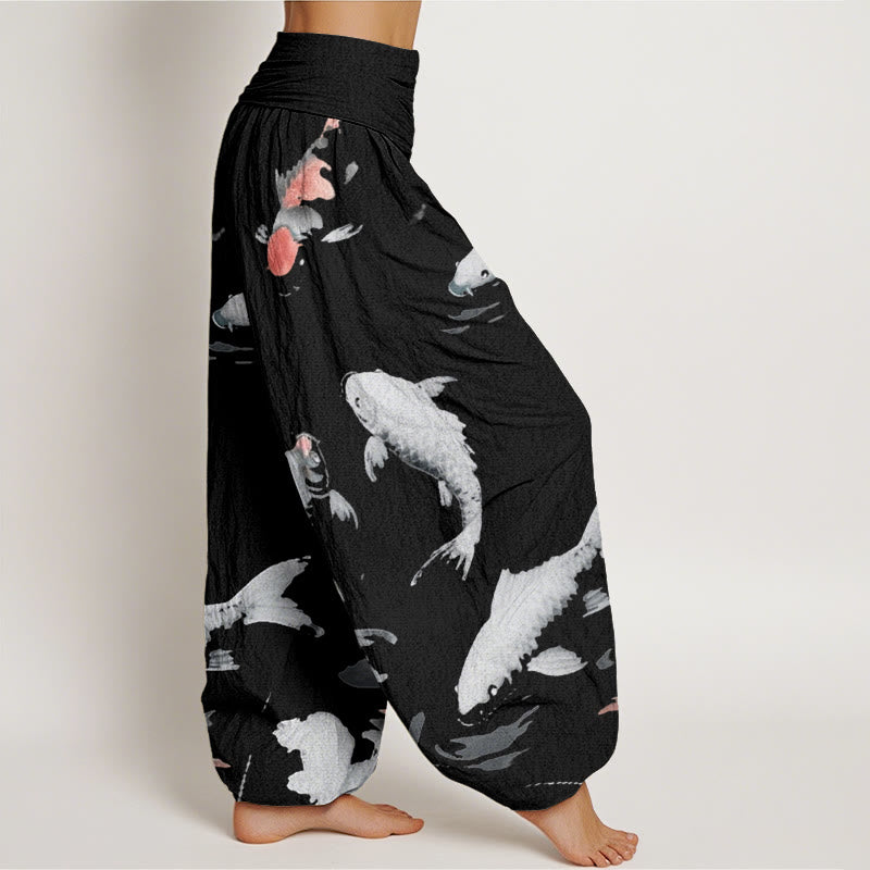 Pantalon sarouel décontracté à taille élastique pour femme avec motif de poisson koï et Buddha Stones - image 10