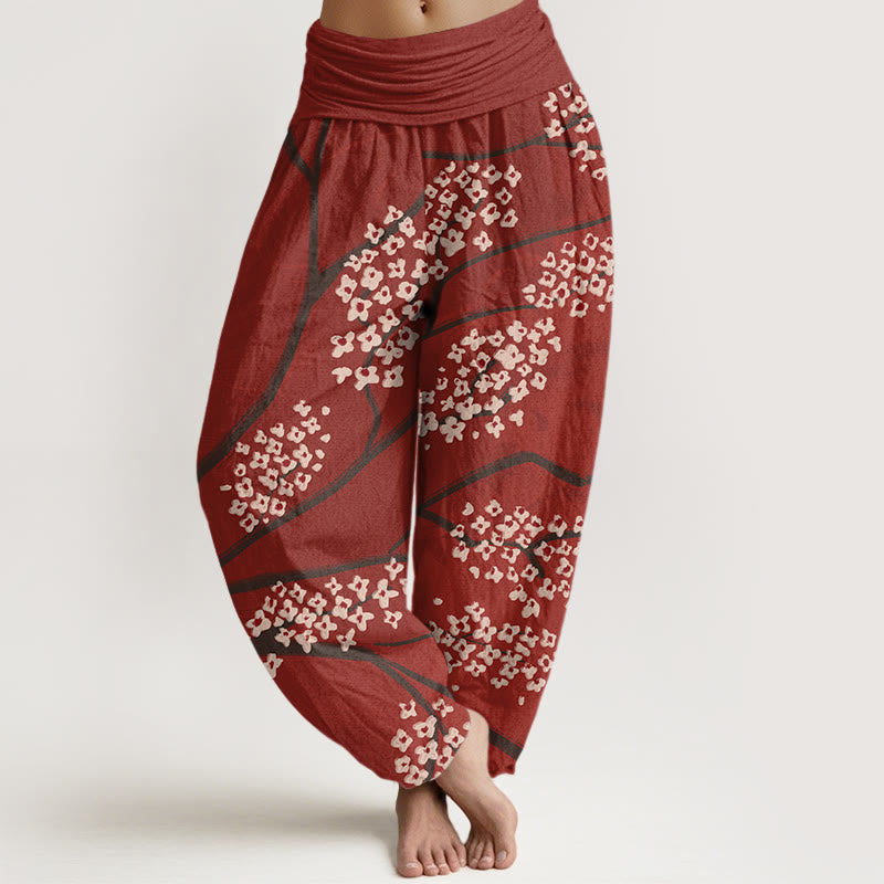 Pantalon sarouel décontracté à taille élastique pour femme avec motif de branches de prunier et Buddha Stones - Brique réfractaire - US22，UK/AU26，EU54 (6XL) - image 1