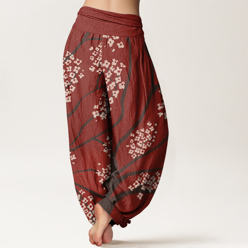 Pantalon sarouel décontracté à taille élastique pour femme avec motif de branches de prunier et Buddha Stones - image 1