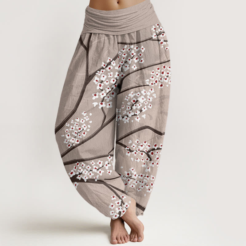 Pantalon sarouel décontracté à taille élastique pour femme avec motif de branches de prunier et Buddha Stones - Tanné - US22，UK/AU26，EU54 (6XL) - image 4