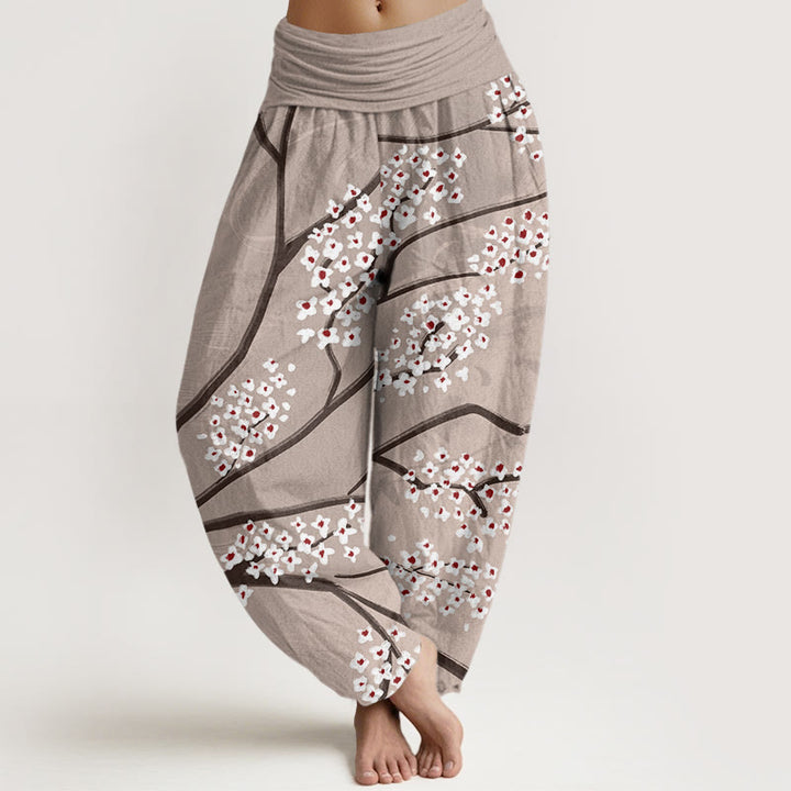Pantalon sarouel décontracté à taille élastique pour femme avec motif de branches de prunier et Buddha Stones - Tanné - US22，UK/AU26，EU54 (6XL) - image 4