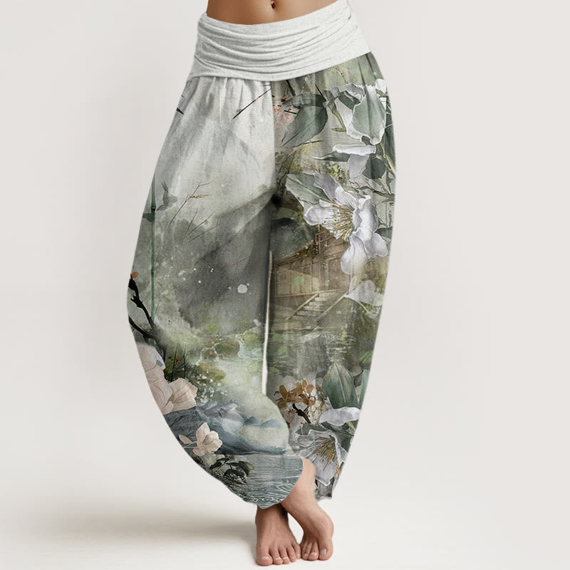 Pantalon sarouel à taille élastique pour femme, motif fleurs et Buddha Stones, pavillon de bambou - Vert de mer moyen - US22，UK/AU26，EU54 (6XL) - image 1