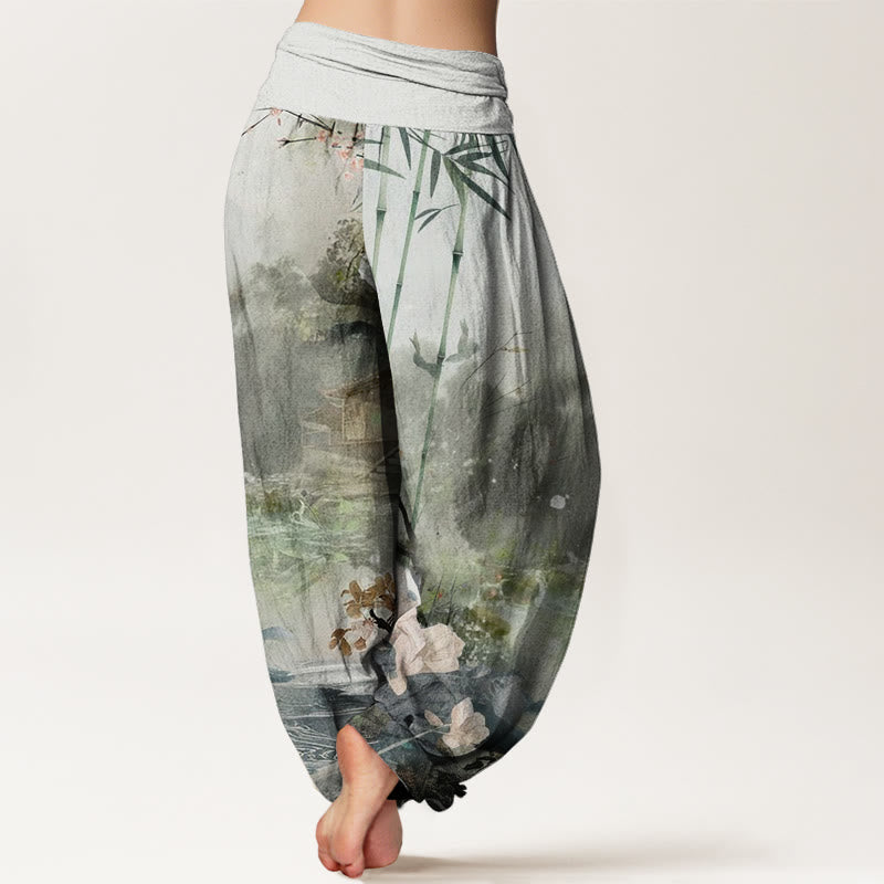 Pantalon sarouel à taille élastique pour femme, motif fleurs et Buddha Stones, pavillon de bambou - image 2