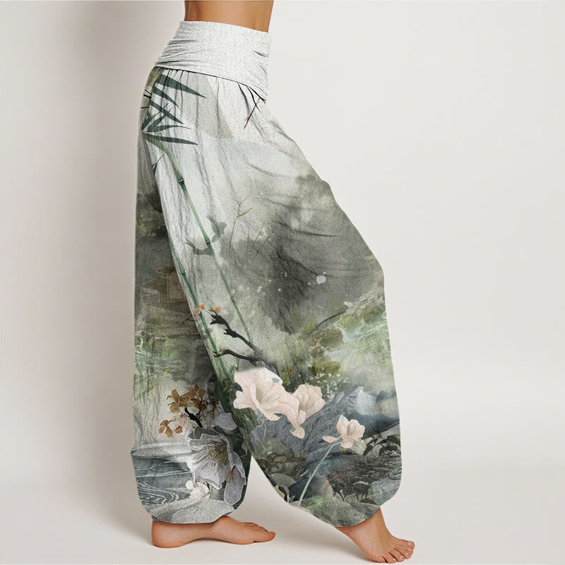 Pantalon sarouel à taille élastique pour femme, motif fleurs et Buddha Stones, pavillon de bambou - image 3