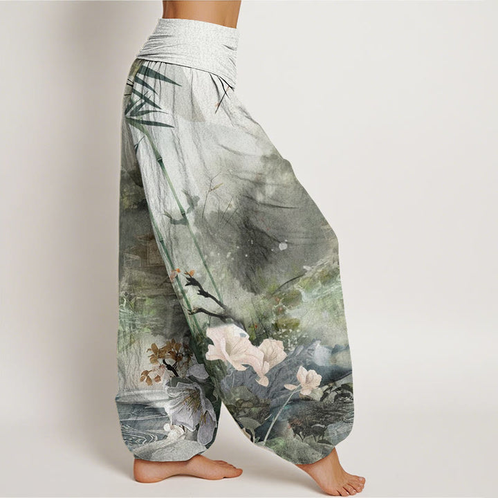 Pantalon sarouel à taille élastique pour femme, motif fleurs et Buddha Stones, pavillon de bambou - image 3