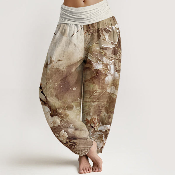 Pantalon sarouel à taille élastique pour femme, motif fleurs et Buddha Stones, pavillon de bambou - Verge d'or foncée - US22，UK/AU26，EU54 (6XL) - image 5
