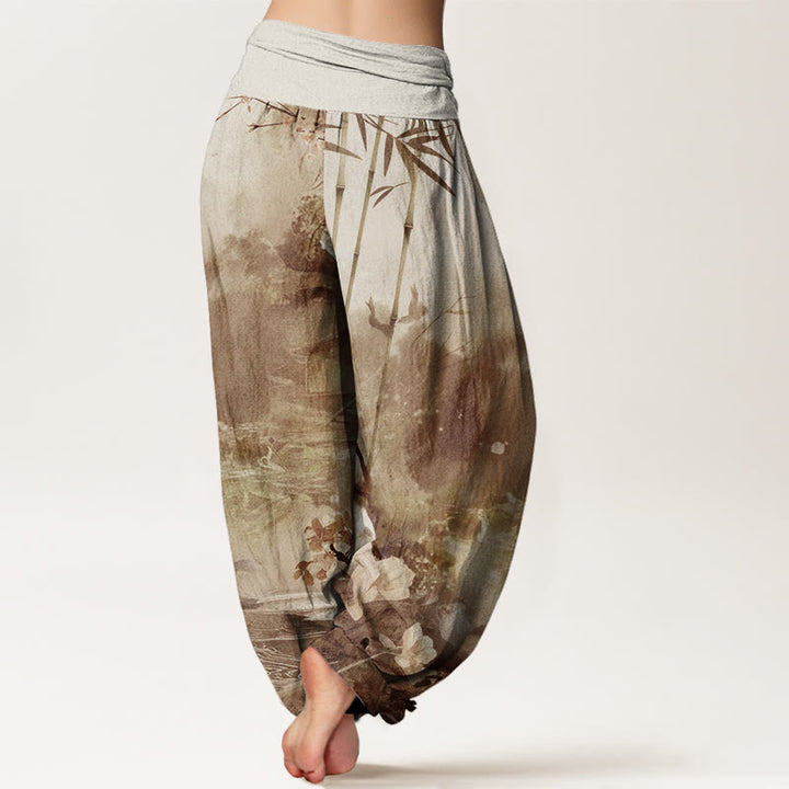 Pantalon sarouel à taille élastique pour femme, motif fleurs et Buddha Stones, pavillon de bambou - image 6