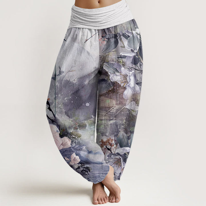Pantalon sarouel à taille élastique pour femme, motif fleurs et Buddha Stones, pavillon de bambou - Bleu ardoise foncé - US22，UK/AU26，EU54 (6XL) - image 8