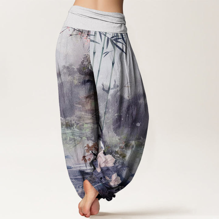 Pantalon sarouel à taille élastique pour femme, motif fleurs et Buddha Stones, pavillon de bambou - image 9