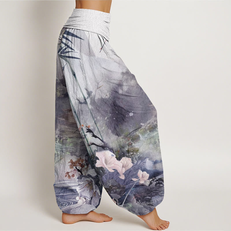 Pantalon sarouel à taille élastique pour femme, motif fleurs et Buddha Stones, pavillon de bambou - image 10