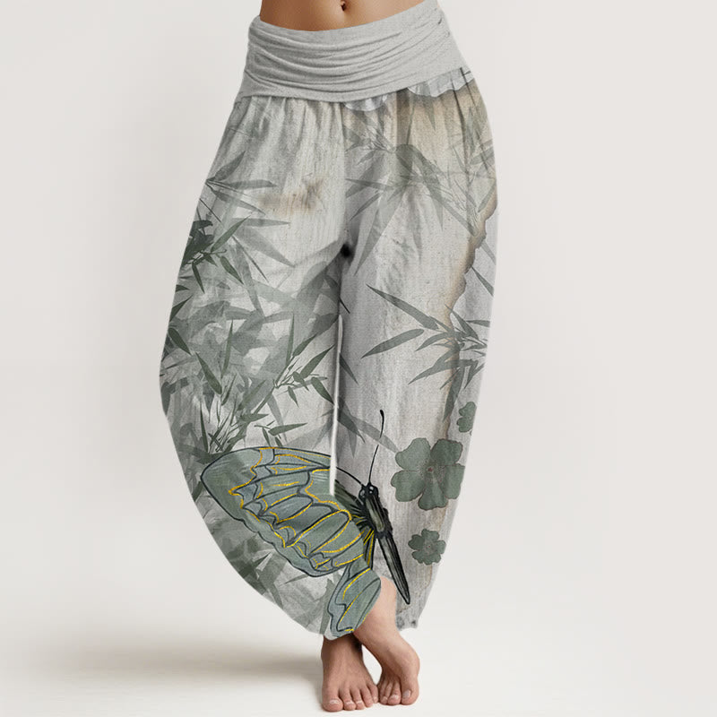 Pantalon sarouel à taille élastique pour femme, motif Buddha Stones, papillons, bambou et fleurs - Gris clair - US22，UK/AU26，EU54 (6XL) - image 1