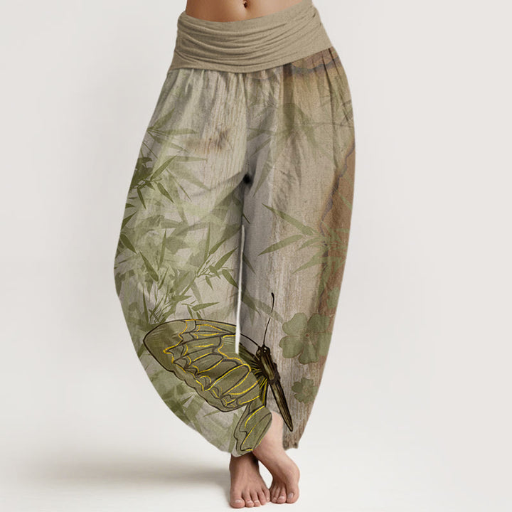 Pantalon sarouel à taille élastique pour femme, motif Buddha Stones, papillons, bambou et fleurs - Kaki foncé - US22，UK/AU26，EU54 (6XL) - image 5