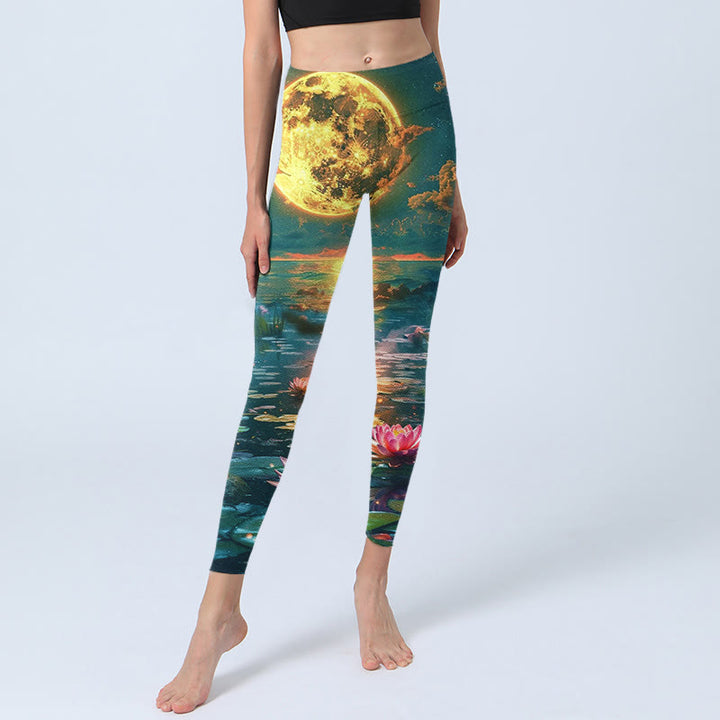Leggings de sport imprimés Buddha Stones, pleine lune, fleurs de lotus et feuilles, pantalons de yoga pour femmes - image 6