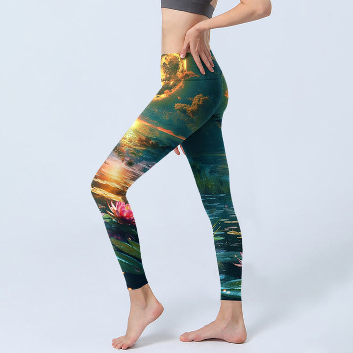 Leggings de sport imprimés Buddha Stones, pleine lune, fleurs de lotus et feuilles, pantalons de yoga pour femmes - image 2