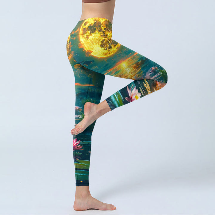 Leggings de sport imprimés Buddha Stones, pleine lune, fleurs de lotus et feuilles, pantalons de yoga pour femmes - image 3