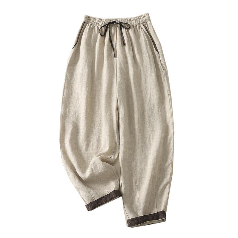 Pantalon Buddha Stones décontracté d'été en coton et lin avec cordon de serrage, couleur pure, longueur 9, pour femme, avec poches