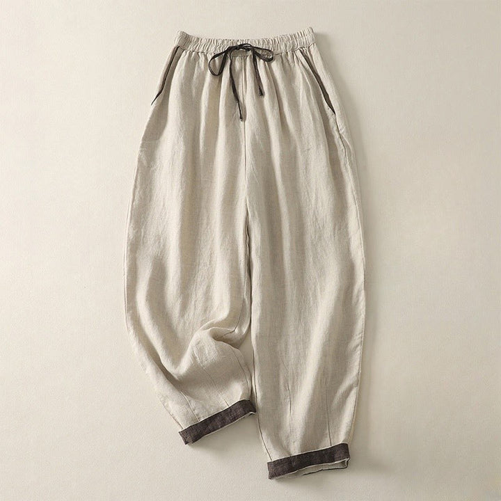Pantalon Buddha Stones décontracté d'été en coton et lin avec cordon de serrage, couleur pure, longueur 9, pour femme, avec poches