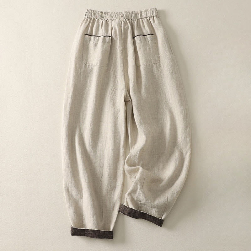 Pantalon Buddha Stones décontracté d'été en coton et lin avec cordon de serrage, couleur pure, longueur 9, pour femme, avec poches