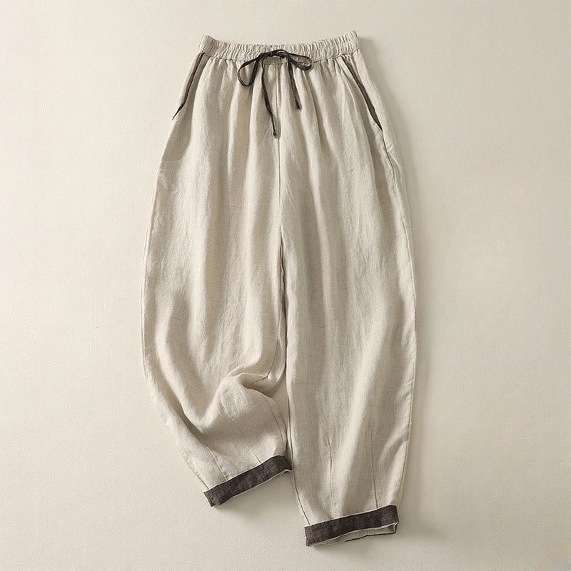 Pantalon Buddha Stones décontracté d'été en coton et lin avec cordon de serrage, couleur pure, longueur 9, pour femme, avec poches - Lin - US8-10，UK/AU12-14，EU40-42 (2XL) - image 0