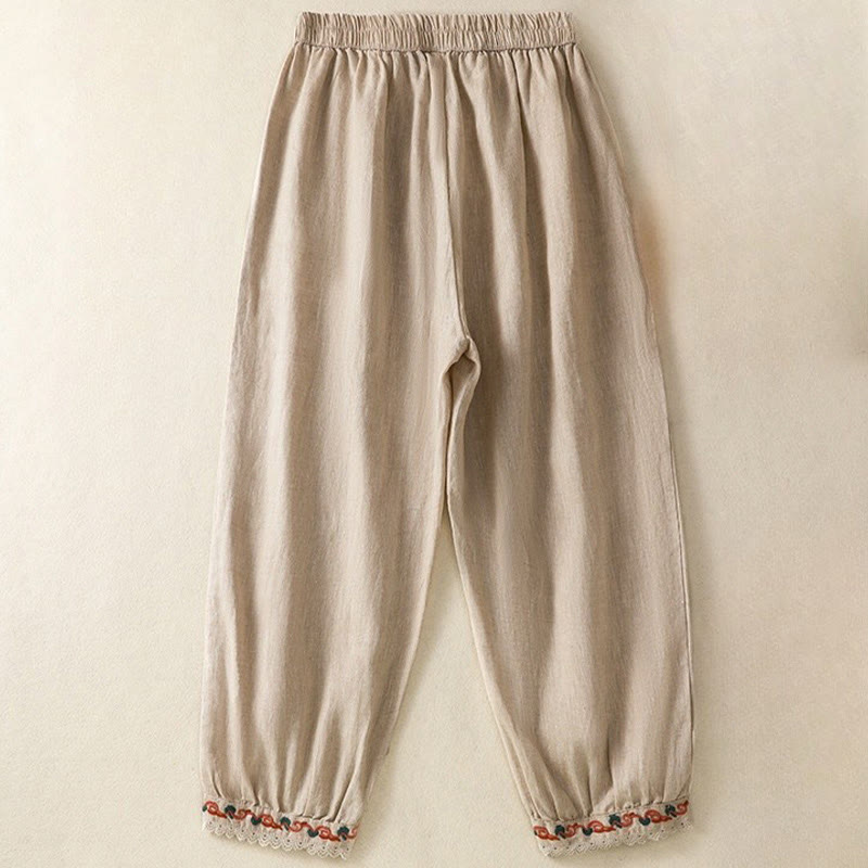 Pantalon sarouel décontracté en coton et lin avec poches pour femme, longueur 7-8, motif Buddha Stones, uni, en dentelle sur les côtés