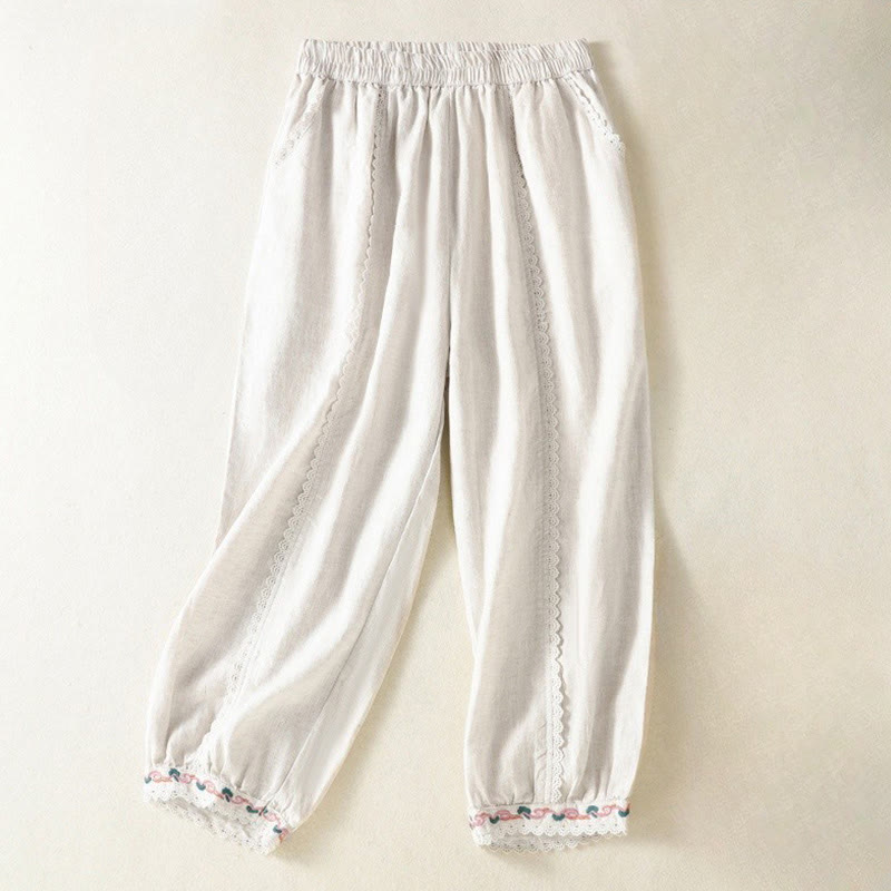 Pantalon sarouel décontracté en coton et lin avec poches pour femme, longueur 7-8, motif Buddha Stones, uni, en dentelle sur les côtés