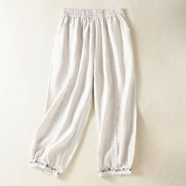 Pantalon sarouel décontracté en coton et lin avec poches pour femme, longueur 7-8, motif Buddha Stones, uni, en dentelle sur les côtés