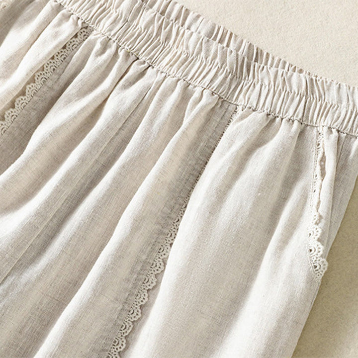 Pantalon sarouel décontracté en coton et lin avec poches pour femme, longueur 7-8, motif Buddha Stones, uni, en dentelle sur les côtés