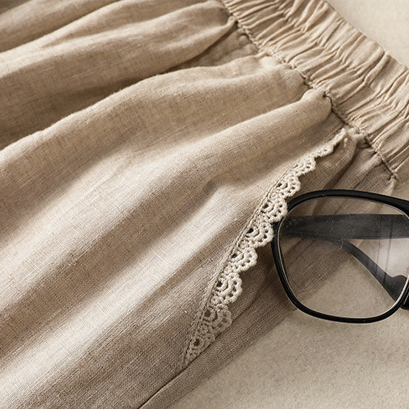 Pantalon sarouel décontracté en coton et lin avec poches pour femme, longueur 7-8, motif Buddha Stones, uni, en dentelle sur les côtés - image 4