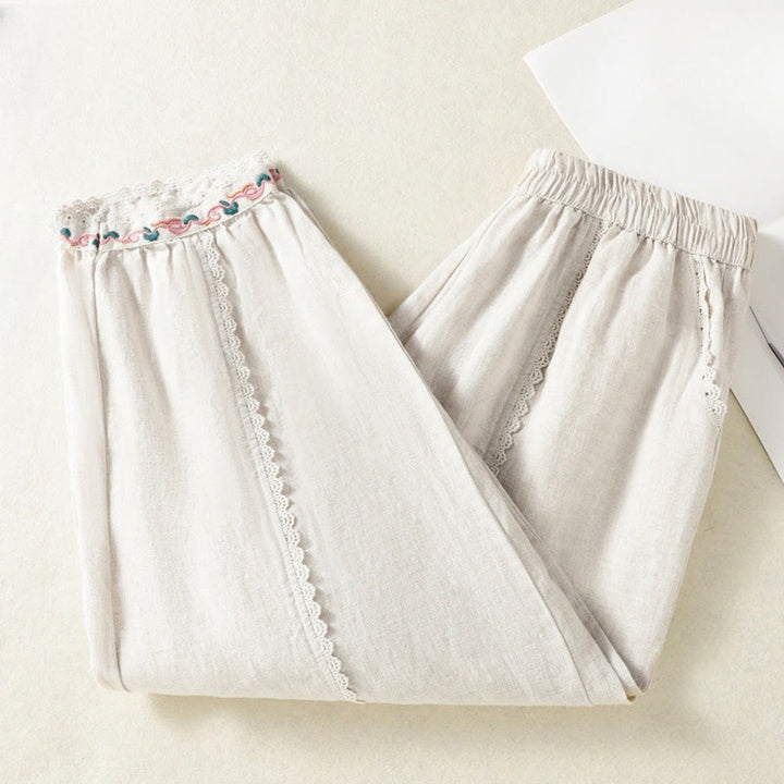 Pantalon sarouel décontracté en coton et lin avec poches pour femme, longueur 7-8, motif Buddha Stones, uni, en dentelle sur les côtés