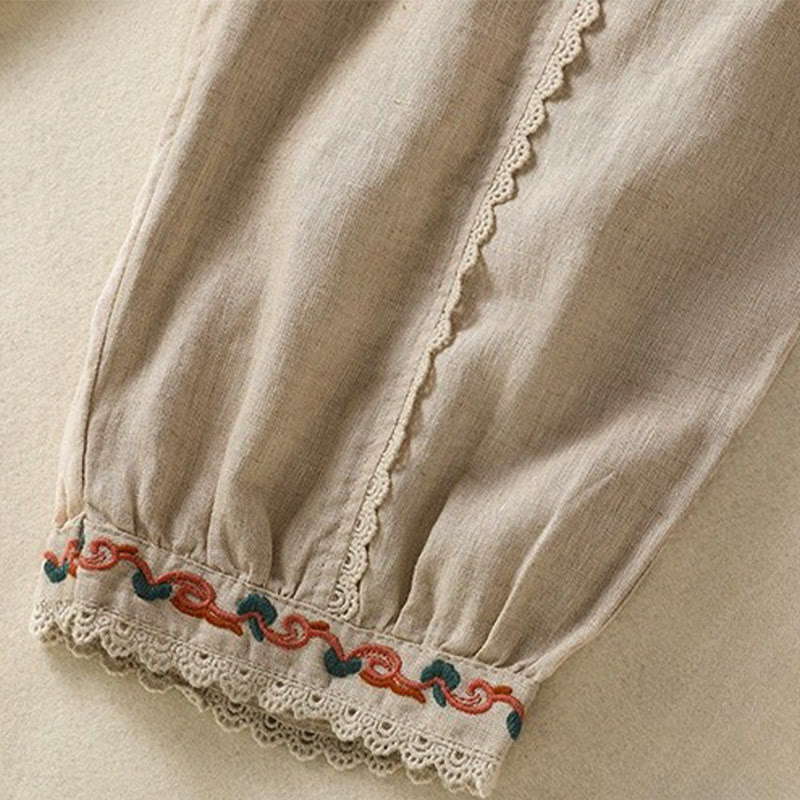 Pantalon sarouel décontracté en coton et lin avec poches pour femme, longueur 7-8, motif Buddha Stones, uni, en dentelle sur les côtés