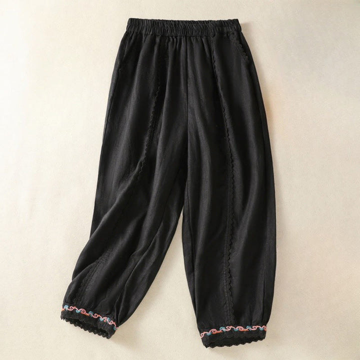 Pantalon sarouel décontracté en coton et lin avec poches pour femme, longueur 7-8, motif Buddha Stones, uni, en dentelle sur les côtés