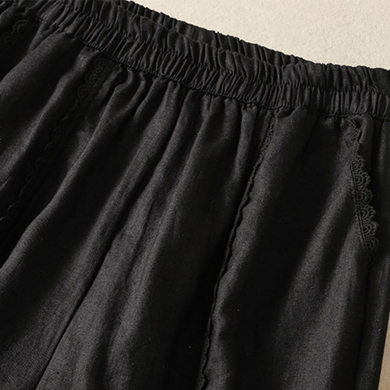 Pantalon sarouel décontracté en coton et lin avec poches pour femme, longueur 7-8, motif Buddha Stones, uni, en dentelle sur les côtés