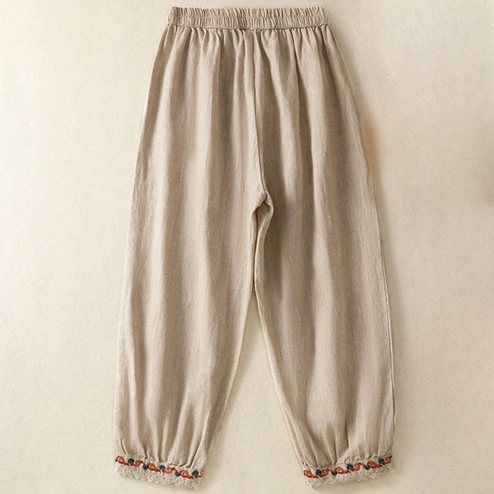 Pantalon sarouel décontracté en coton et lin avec poches pour femme, longueur 7-8, motif Buddha Stones, uni, en dentelle sur les côtés - image 1