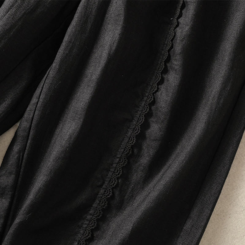Pantalon sarouel décontracté en coton et lin avec poches pour femme, longueur 7-8, motif Buddha Stones, uni, en dentelle sur les côtés