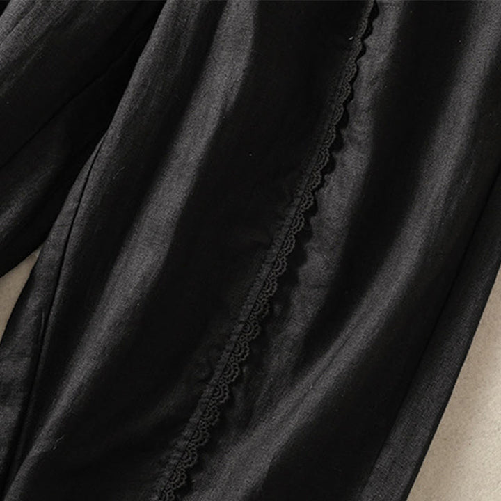 Pantalon sarouel décontracté en coton et lin avec poches pour femme, longueur 7-8, motif Buddha Stones, uni, en dentelle sur les côtés