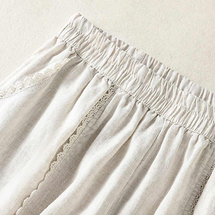 Pantalon sarouel décontracté en coton et lin avec poches pour femme, longueur 7-8, motif Buddha Stones, uni, en dentelle sur les côtés