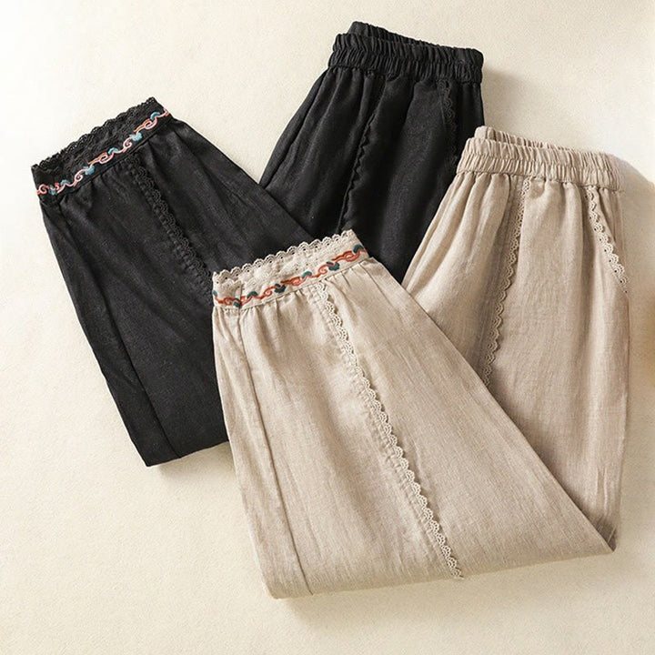 Pantalon sarouel décontracté en coton et lin avec poches pour femme, longueur 7-8, motif Buddha Stones, uni, en dentelle sur les côtés