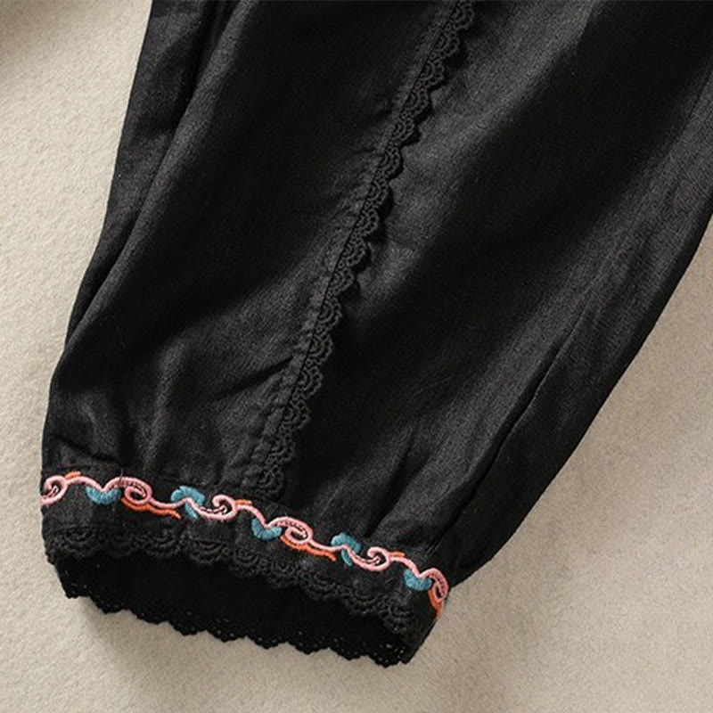 Pantalon sarouel décontracté en coton et lin avec poches pour femme, longueur 7-8, motif Buddha Stones, uni, en dentelle sur les côtés